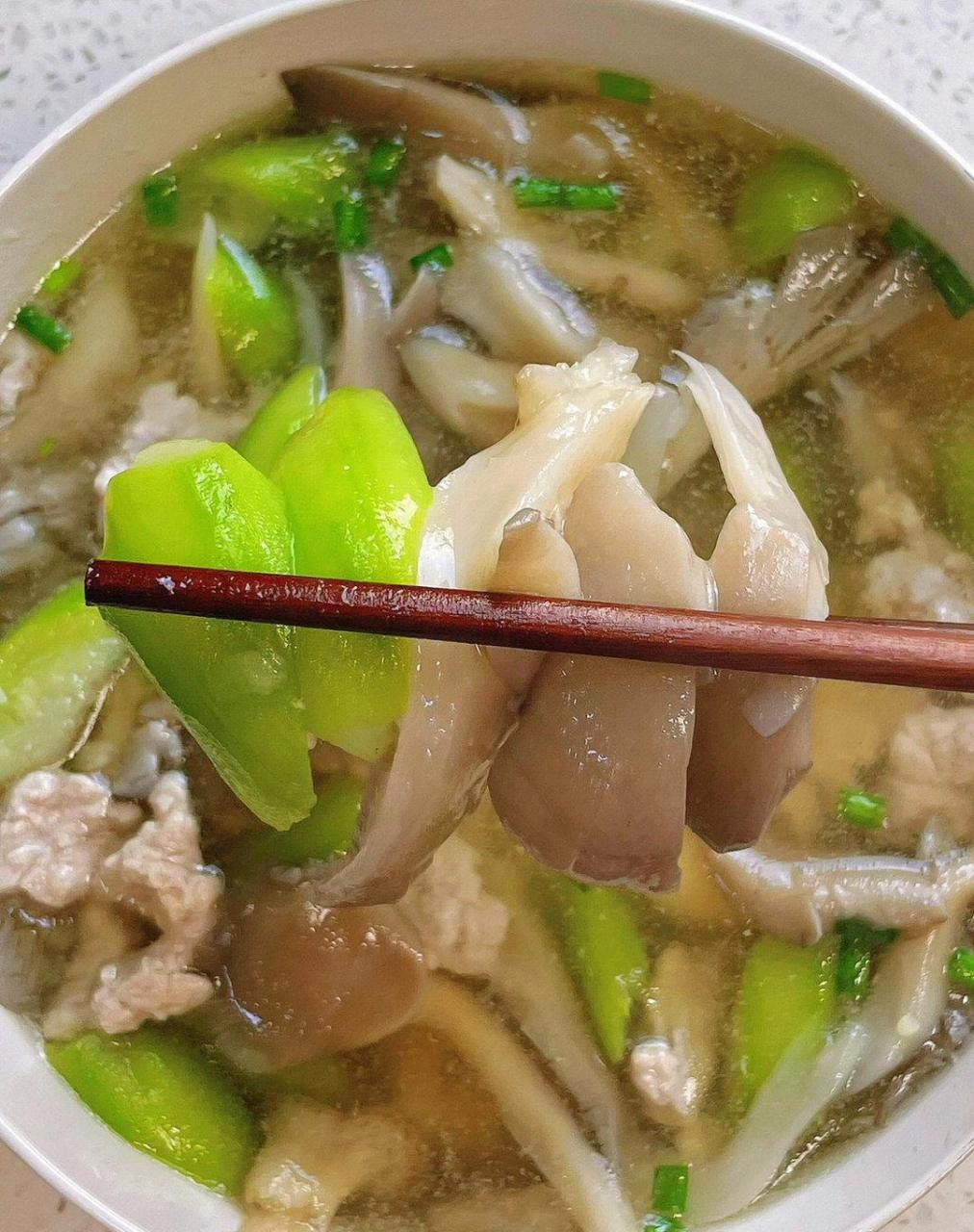 好吃不腻,鲜味加倍的平菇丝瓜肉片汤～|||做法: 115大葱洗净切片