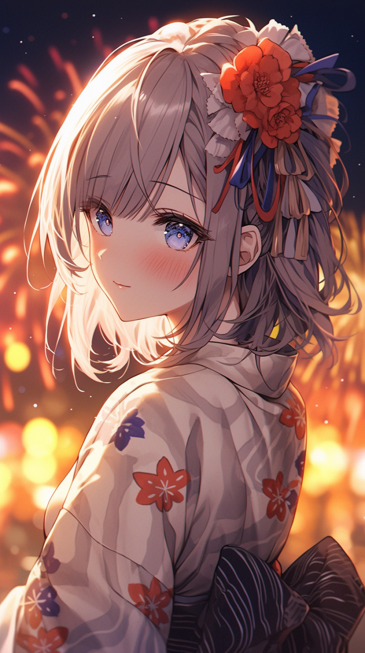 夏日祭典, 少女, 和服, 烟花 #mj# #ai绘画# #壁纸# #动漫壁纸# #手机