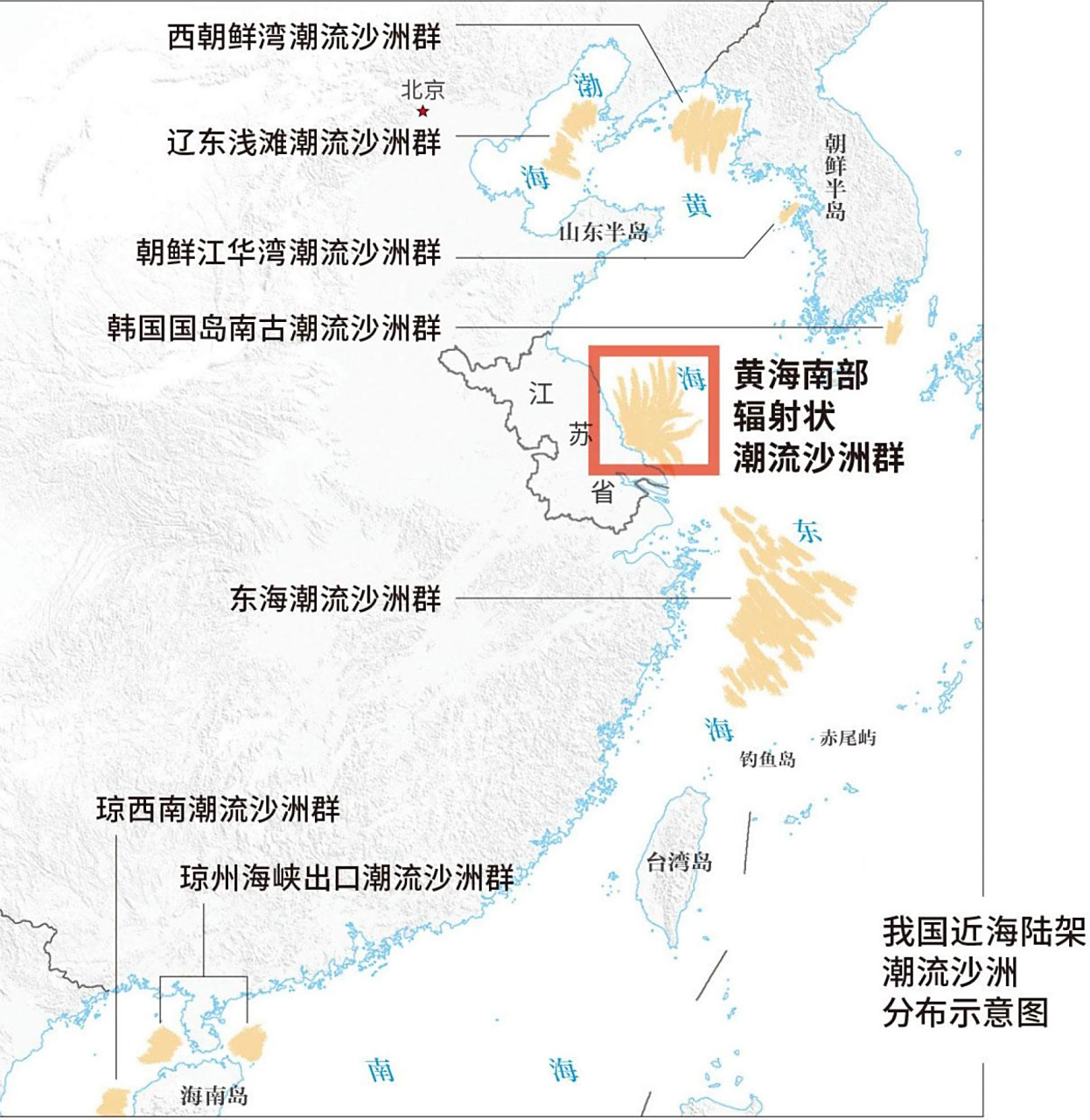 我国近海大陆架潮流沙洲分布示意图