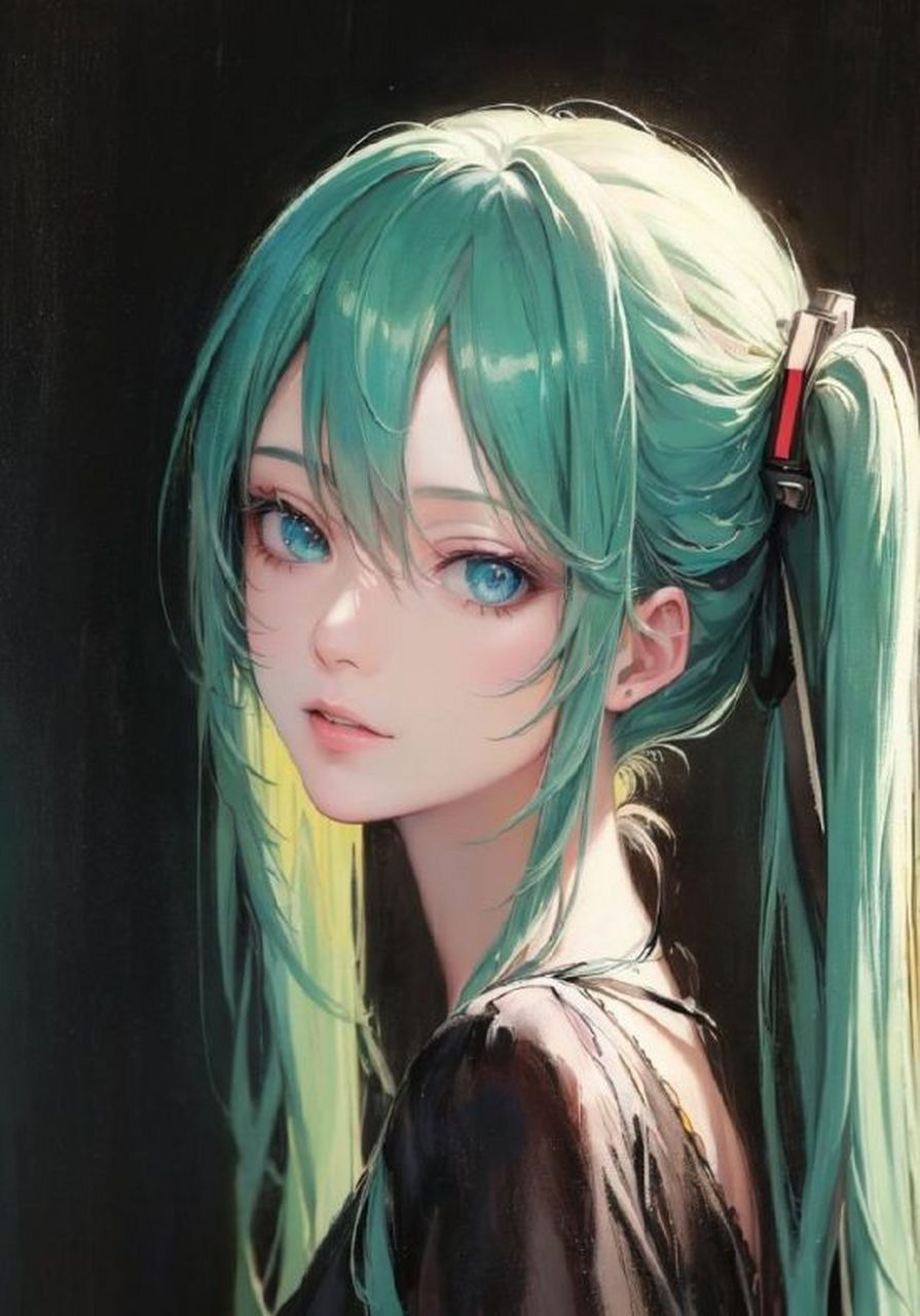 動漫壁紙# 初音未來肖像畫,精美雙馬尾少女