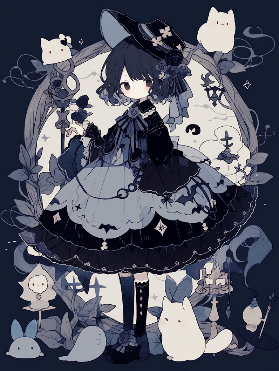 哥特暗黑色系美少女和小动物[心] #插画