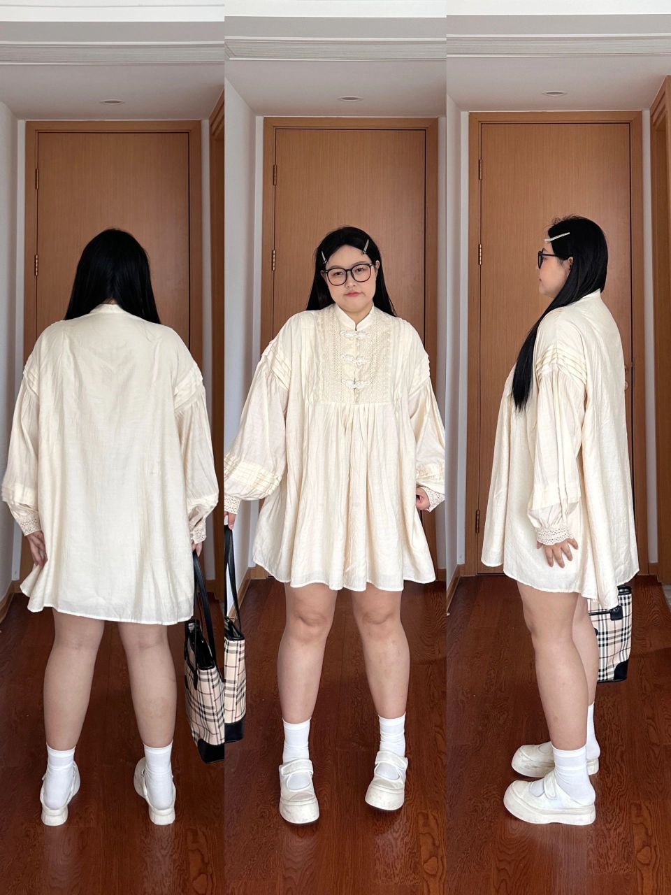 200斤胖女生的早秋开学穿搭 又到了我爱的秋天 蓝色条纹衬衫搭配灰色
