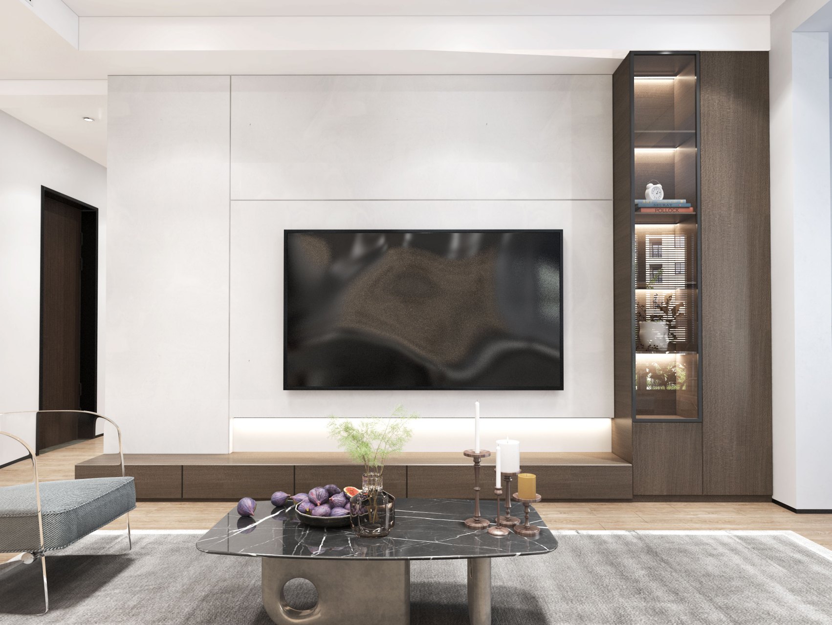 电视柜中间部分拉长,视觉上显得比较大气.