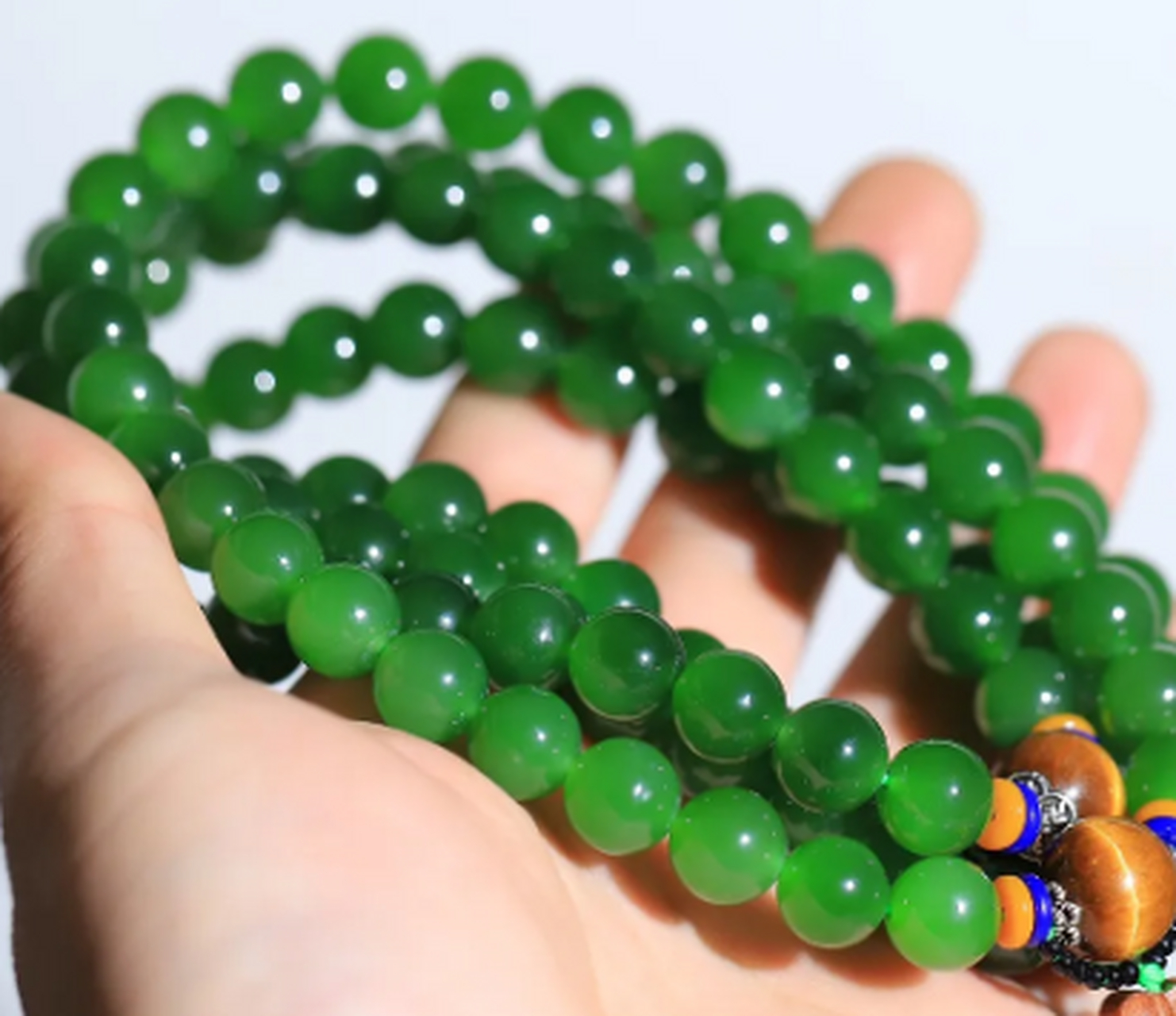 点击头像看直播##和田玉#和田玉碧玉菠菜绿108颗佛珠挂链 俄碧老舷