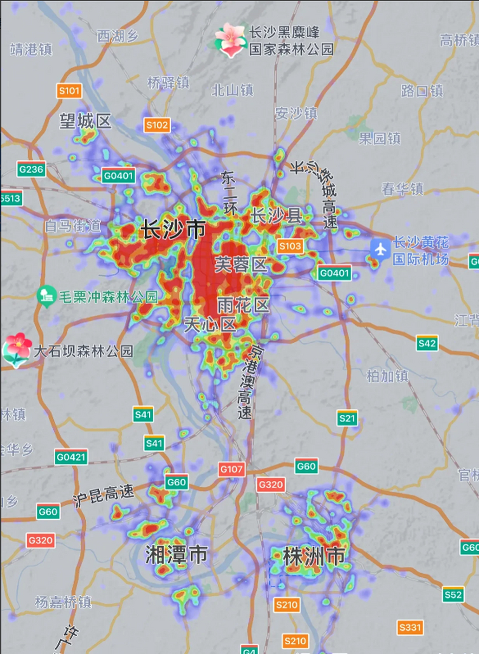 从同时段同比例下两座城市的热力图来看,长沙目前不管是城市规模还是