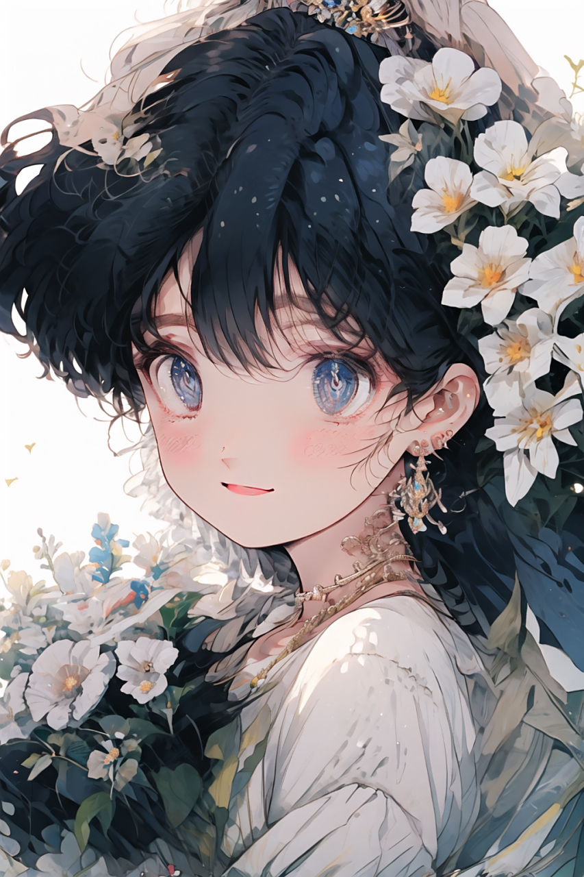 动漫世界里的花朵, 黑色长发轻轻飘洒, 发饰闪耀似星辰, 诉说着神秘的