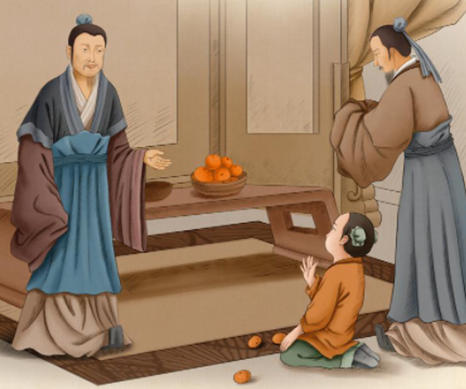 陆绩怀橘  三国时期吴国的陆绩,他博学多识,通晓天文和历法,六岁那年