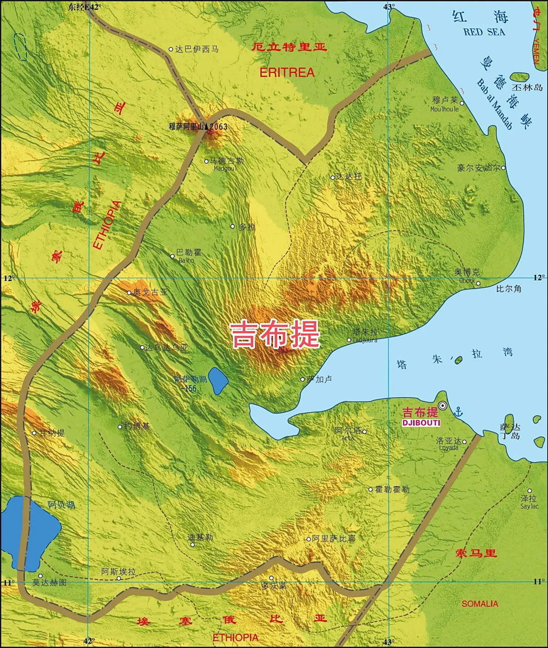 非洲沿海国家"吉布提"地形图