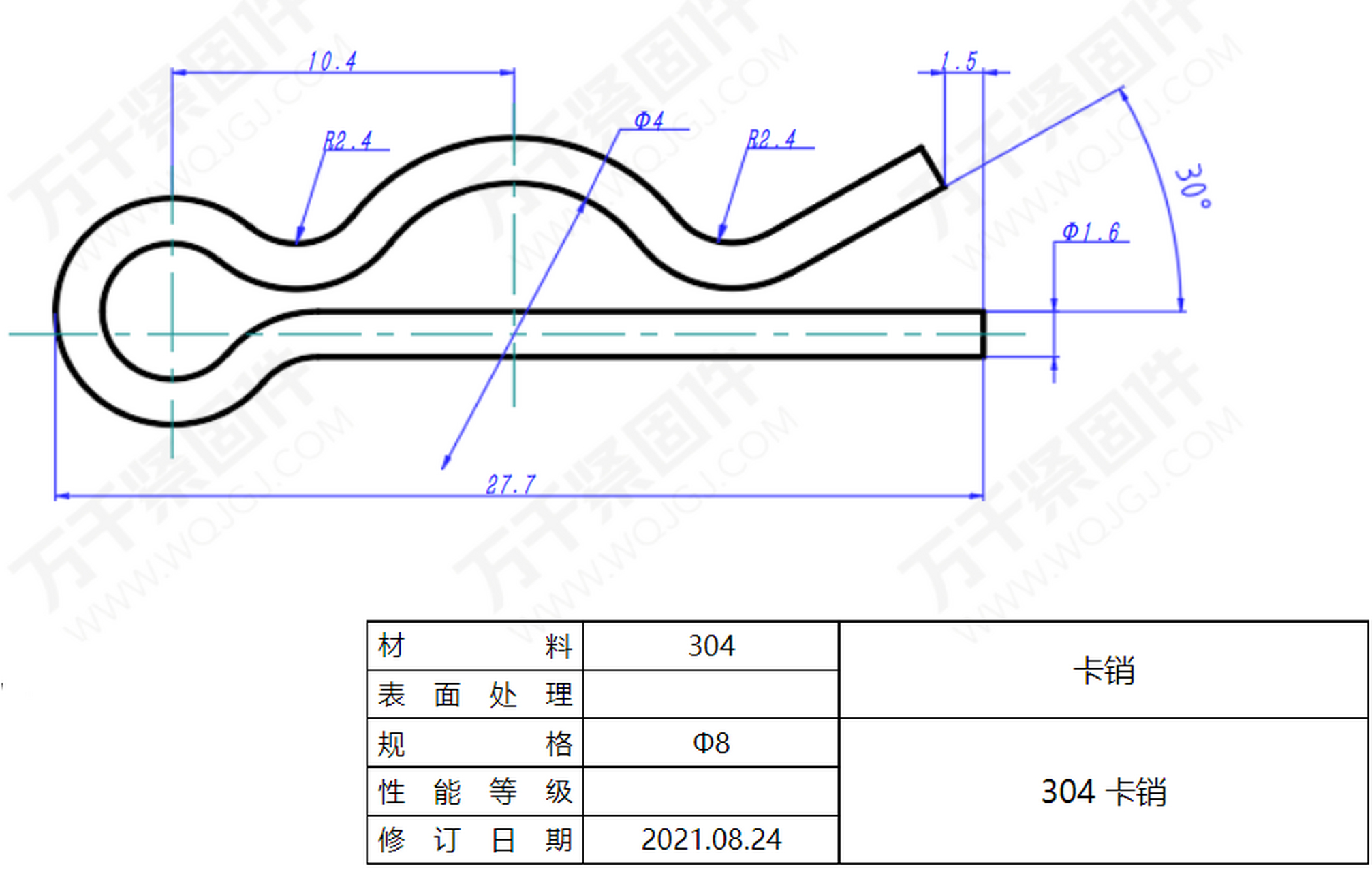 今日紧固件设计图分享:刚说到了r型开口销,现在就和大家分享一款r型