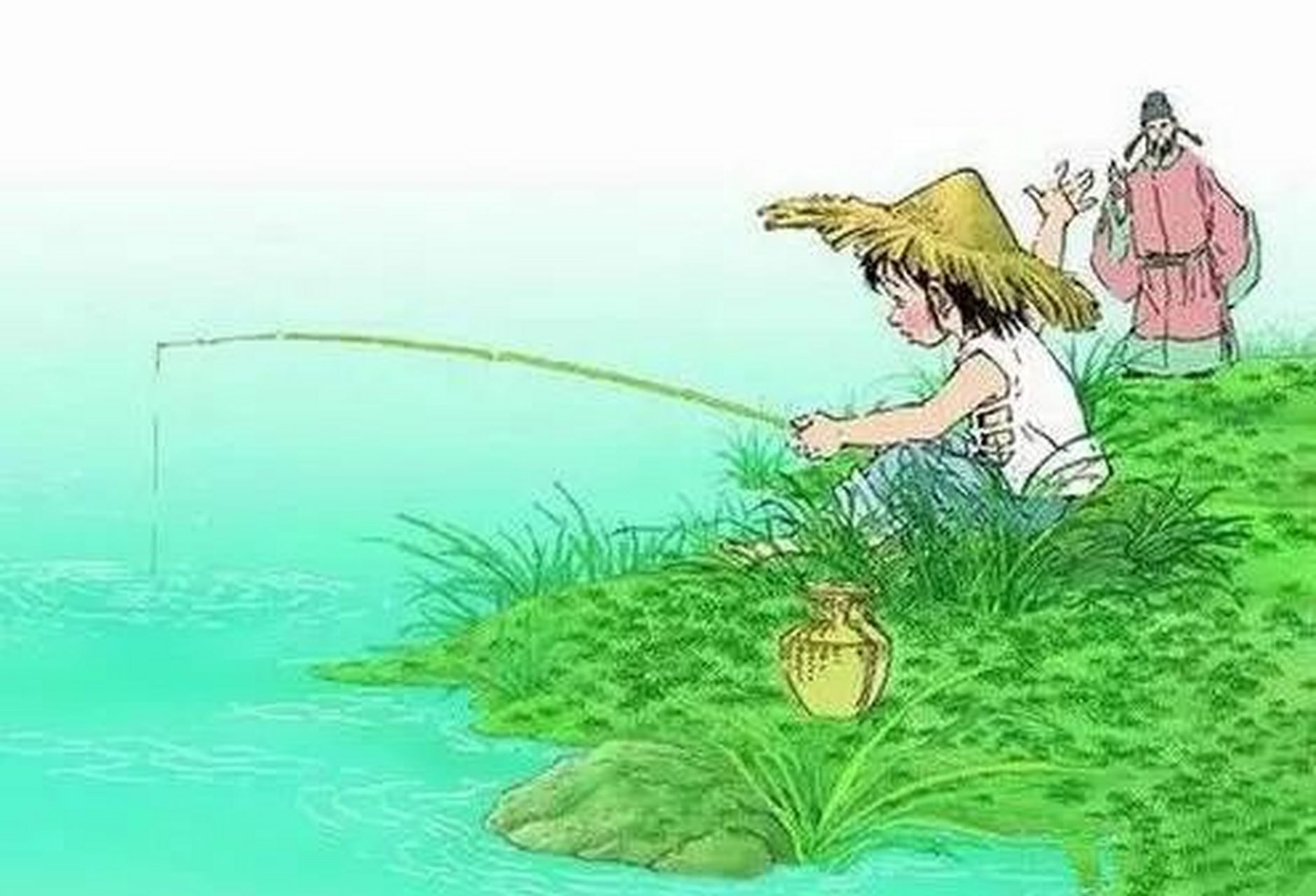 小儿垂钓 胡令能 蓬头稚子学垂纶,侧坐莓苔草映身.