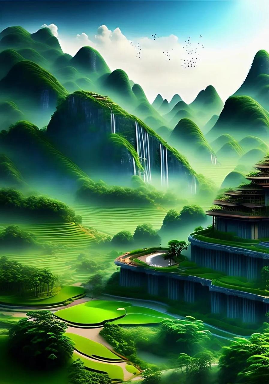 这景色太漂亮了美丽山川宛如仙境蓝天白云小河流水,景色优美