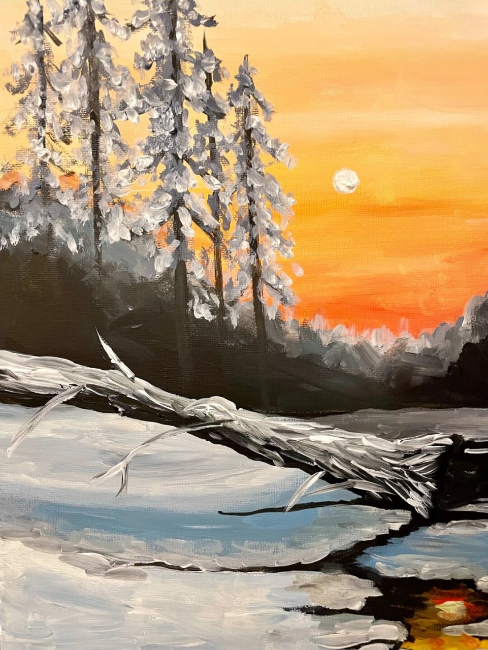 水粉画|冬日的治愈雪景  画布尺寸:40*50cm 颜料:马利牌水粉 画框