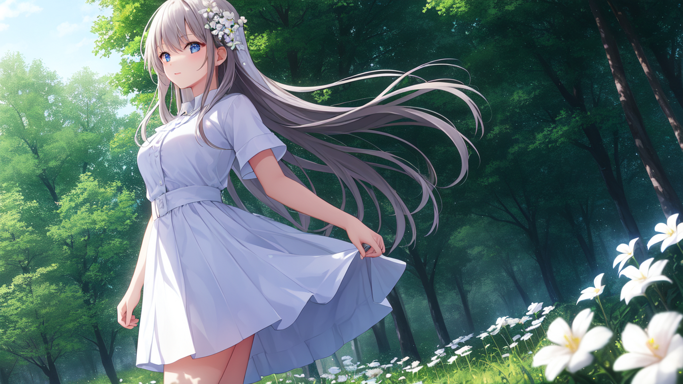 花儿在风中摇曳 女孩静静地坐在花丛中  风吹过,花瓣飘落 女孩微微