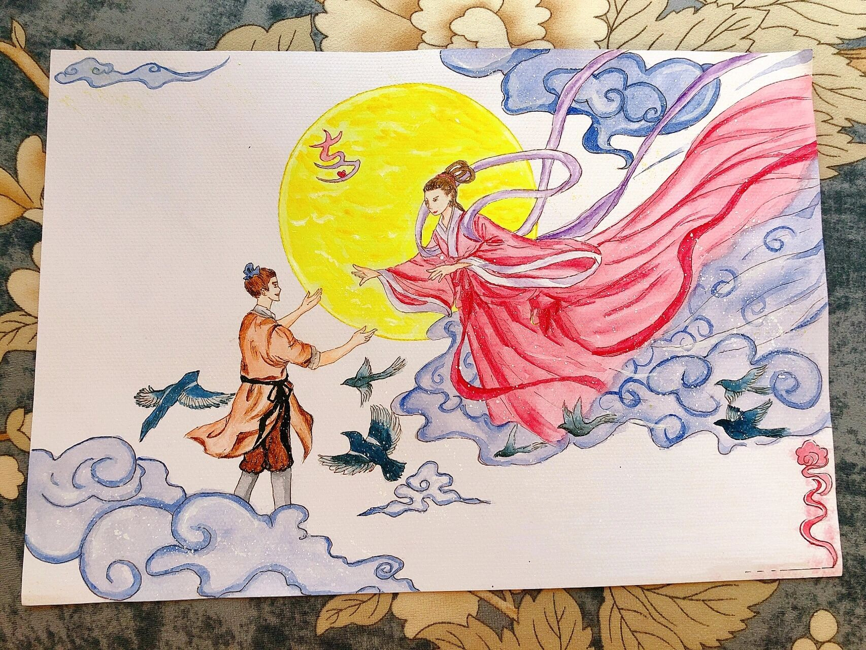 七夕节 | 牛郎织女 | 附线稿	 "《秋夕》唐·杜牧 银烛秋光冷画屏