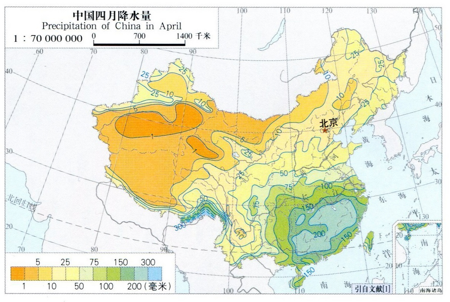 中国四月降水量分布图