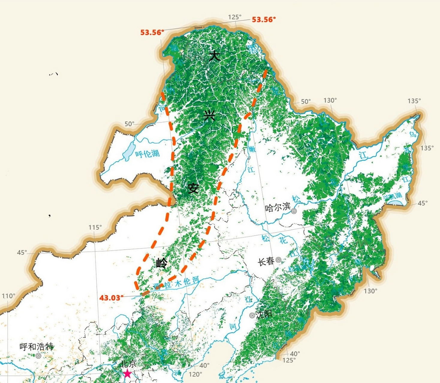 大兴安岭,小兴安岭和长白山森林覆盖情况分布图