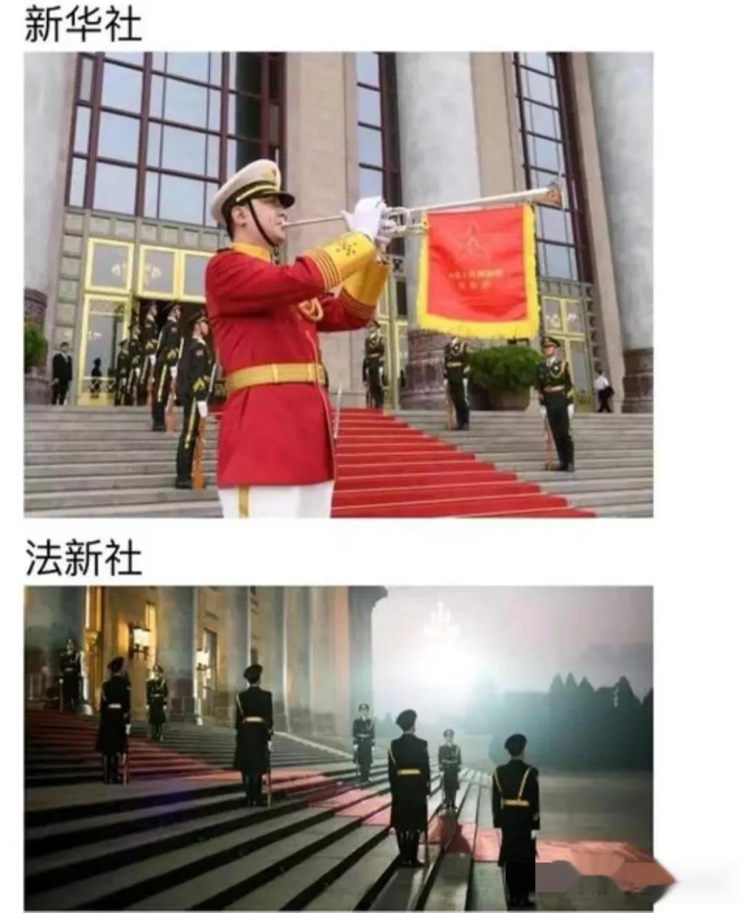 这是法新社拍的马克龙访华的照片,这是新华社拍的照片,不得不说中国给