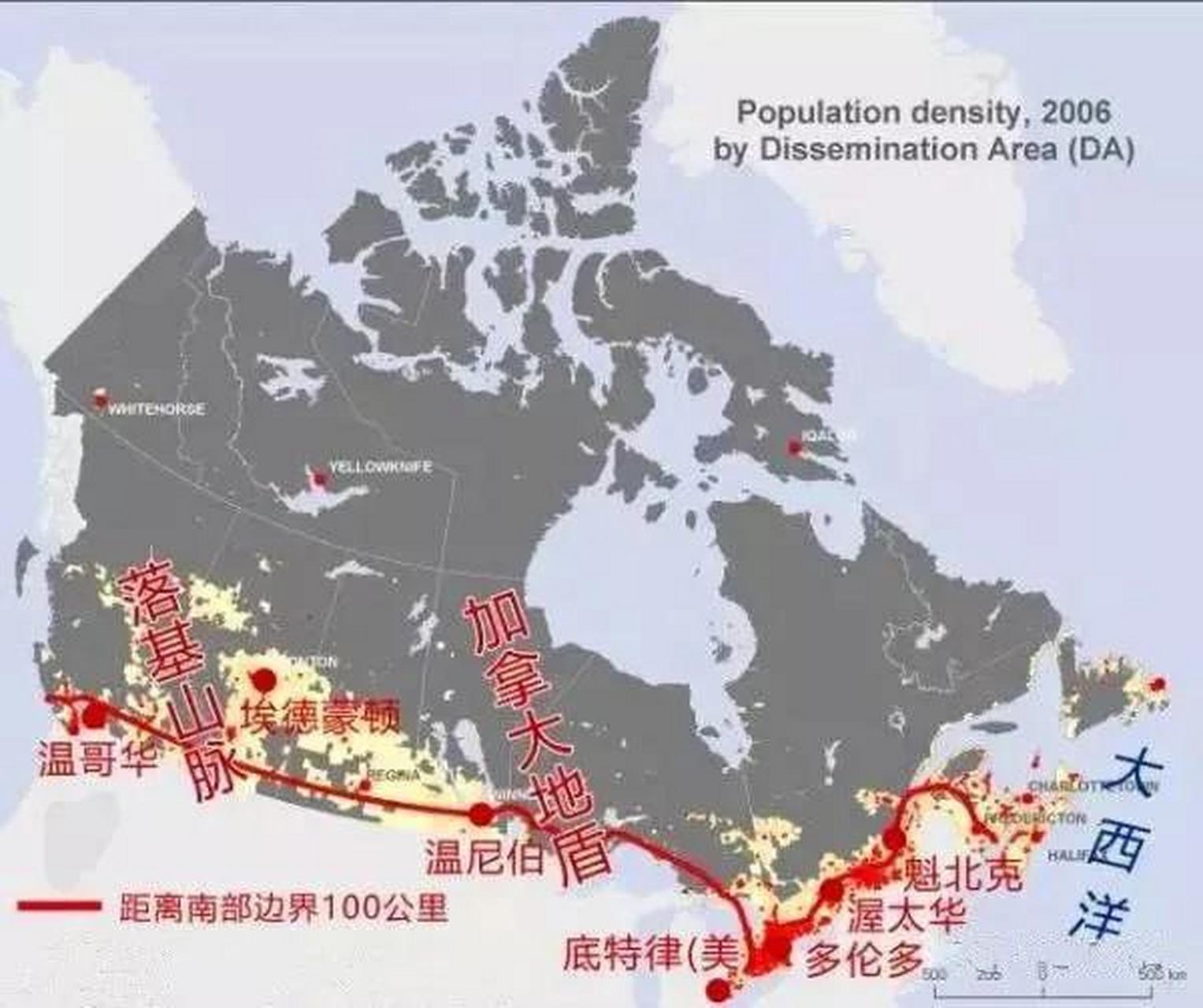 细看加拿大人口密度地图,我们就可以了解到,加拿大实际上是一个漫长而