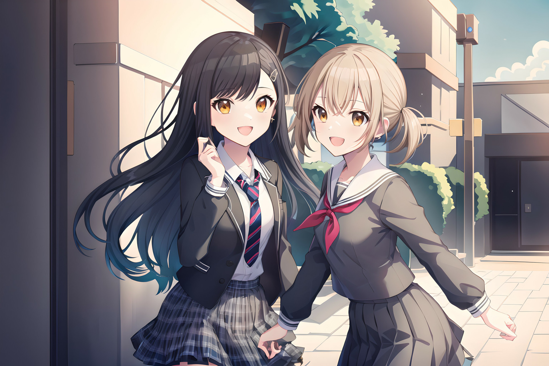 两个女孩海边行, 校服裙摆风飘扬. 神秘微笑海风起, 仿佛来自天一方.