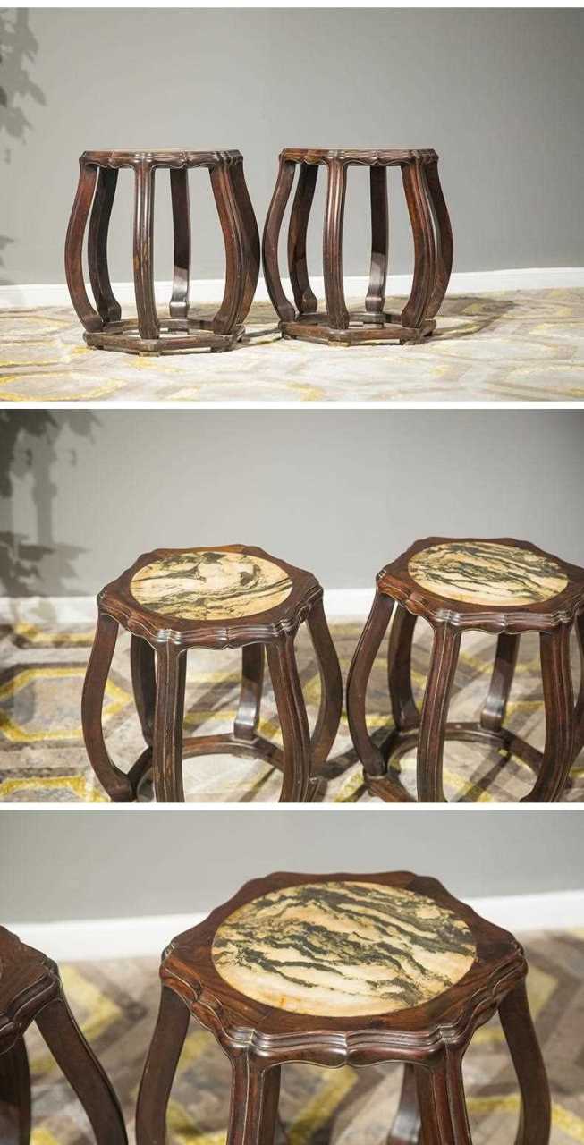 清 红木镶云石海棠形鼓凳(一对)[鼠年大吉] 尺寸:48×48×48 价格