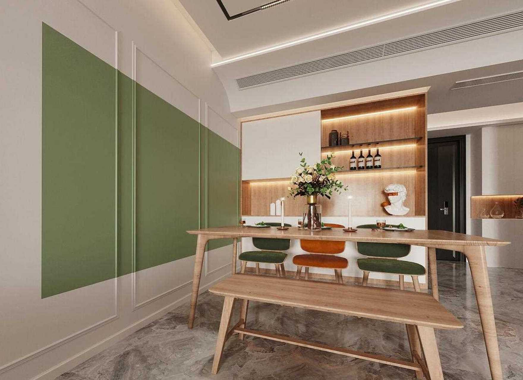 餐厅背景墙用3cm的石膏线 乳胶漆拼色打造,以白色为基底搭配灰绿色