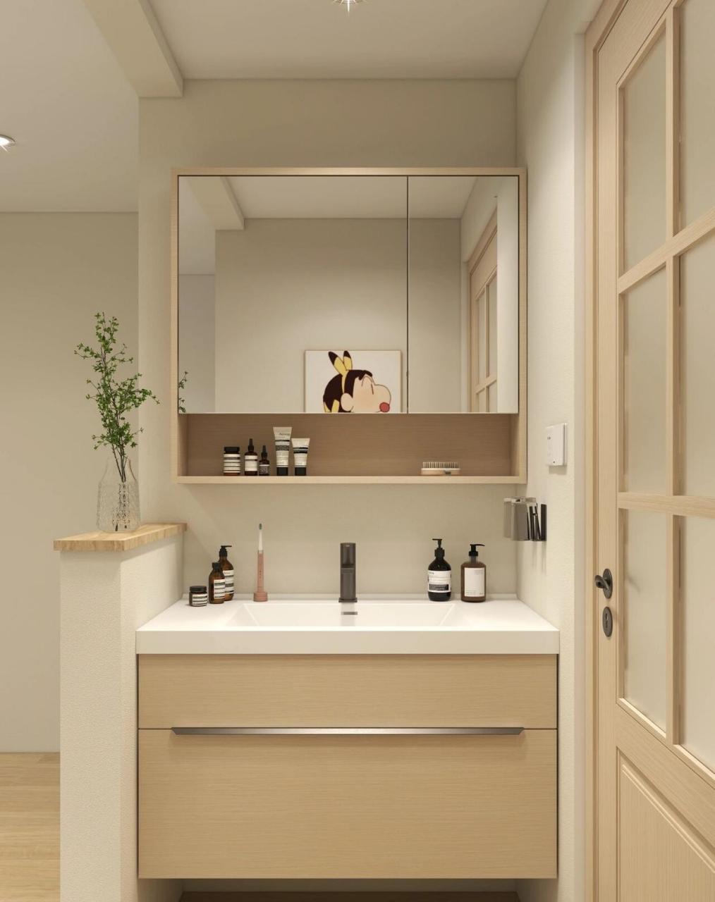 浴室柜好实用 [挤眼]温暖日系奶油风,卫生间很难不喜欢