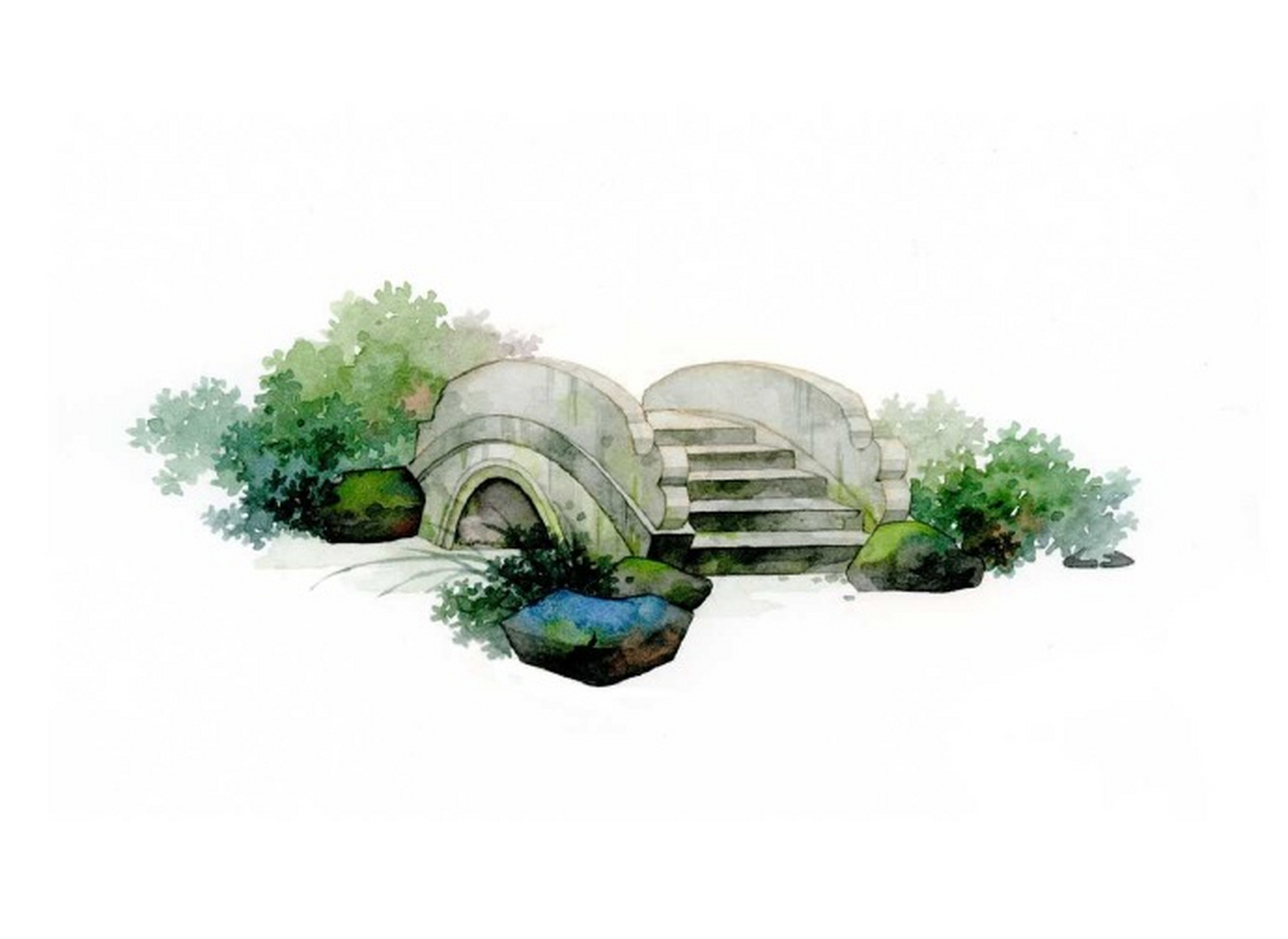 亭台水榭交相印,总是人间好光景. 古风水彩插画,手绘小景系列.