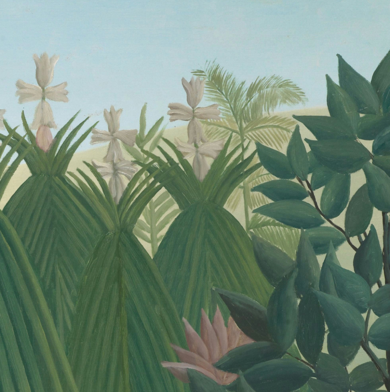 卢梭创造了一个隐蔽的丛林,一位皮肤黝黑的女子正在瀑布旁,她手中握着