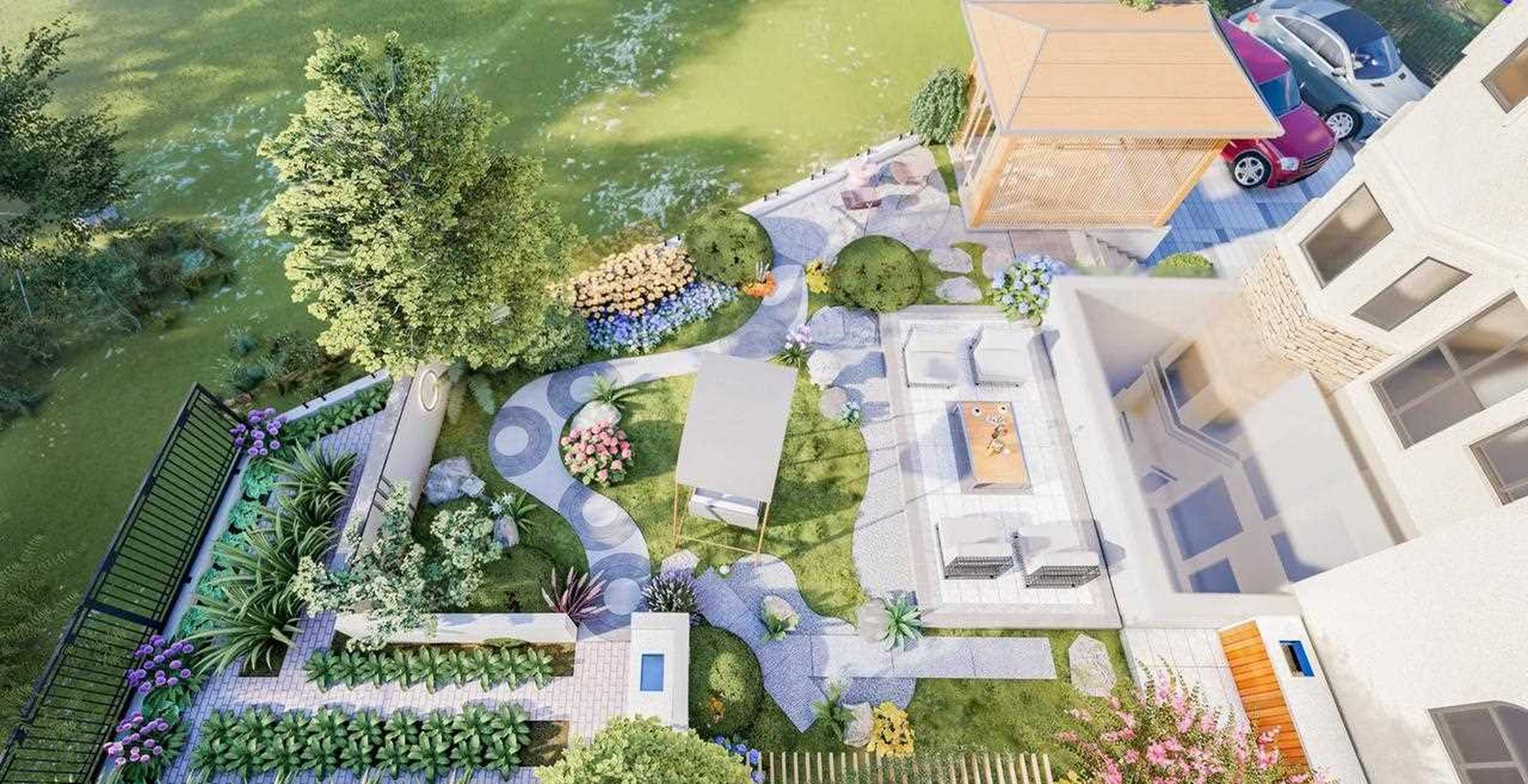 别墅庭院设计|一份简单美好的生活[晕] 花园整体呈梯形, 长边一侧是