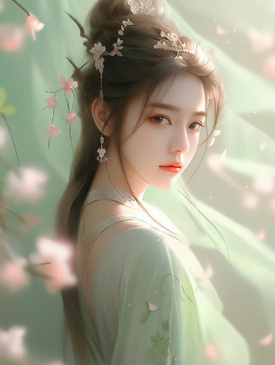 国风汉服绿衣系少女头像 #古风插画