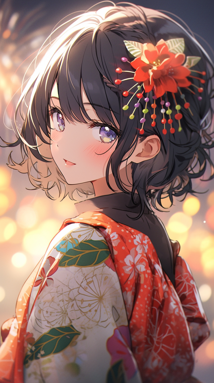 夏日祭典, 少女, 和服, 烟花 #mj# #ai绘画# #壁纸# #动漫壁纸# #手机