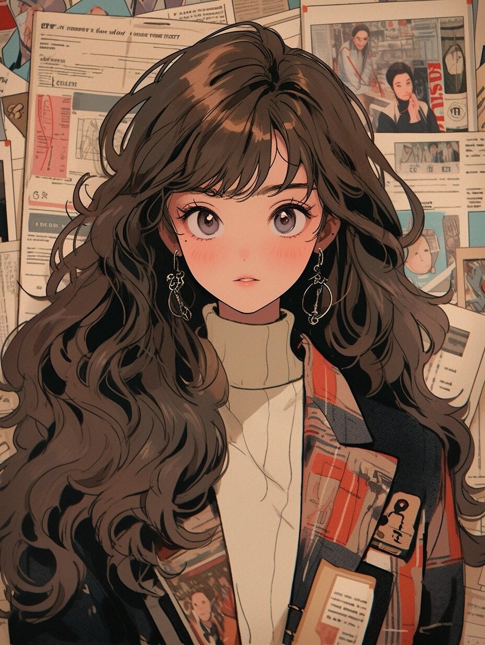 在这幅插画中,一位棕发女孩身着复古时尚西装外套,卷发飘飘,背景则是