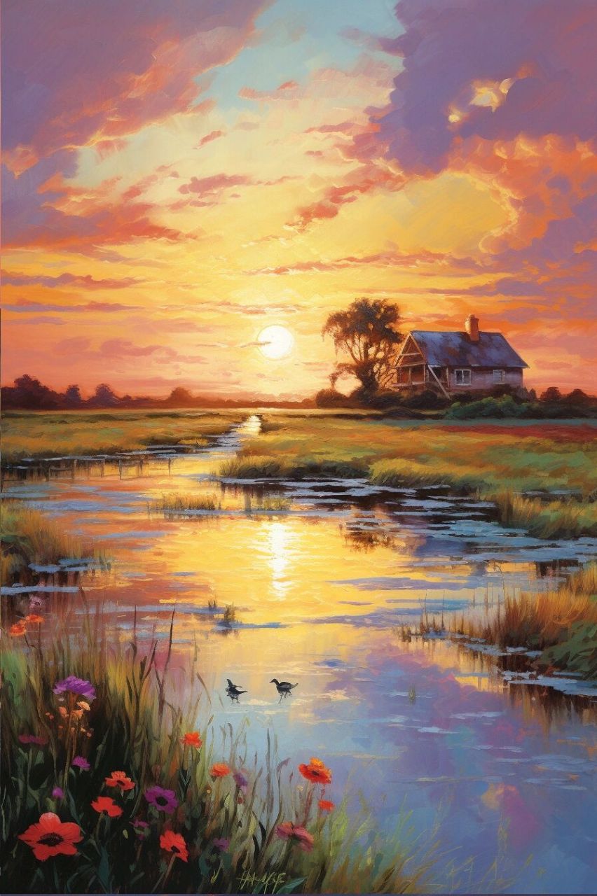 油画草原夕阳