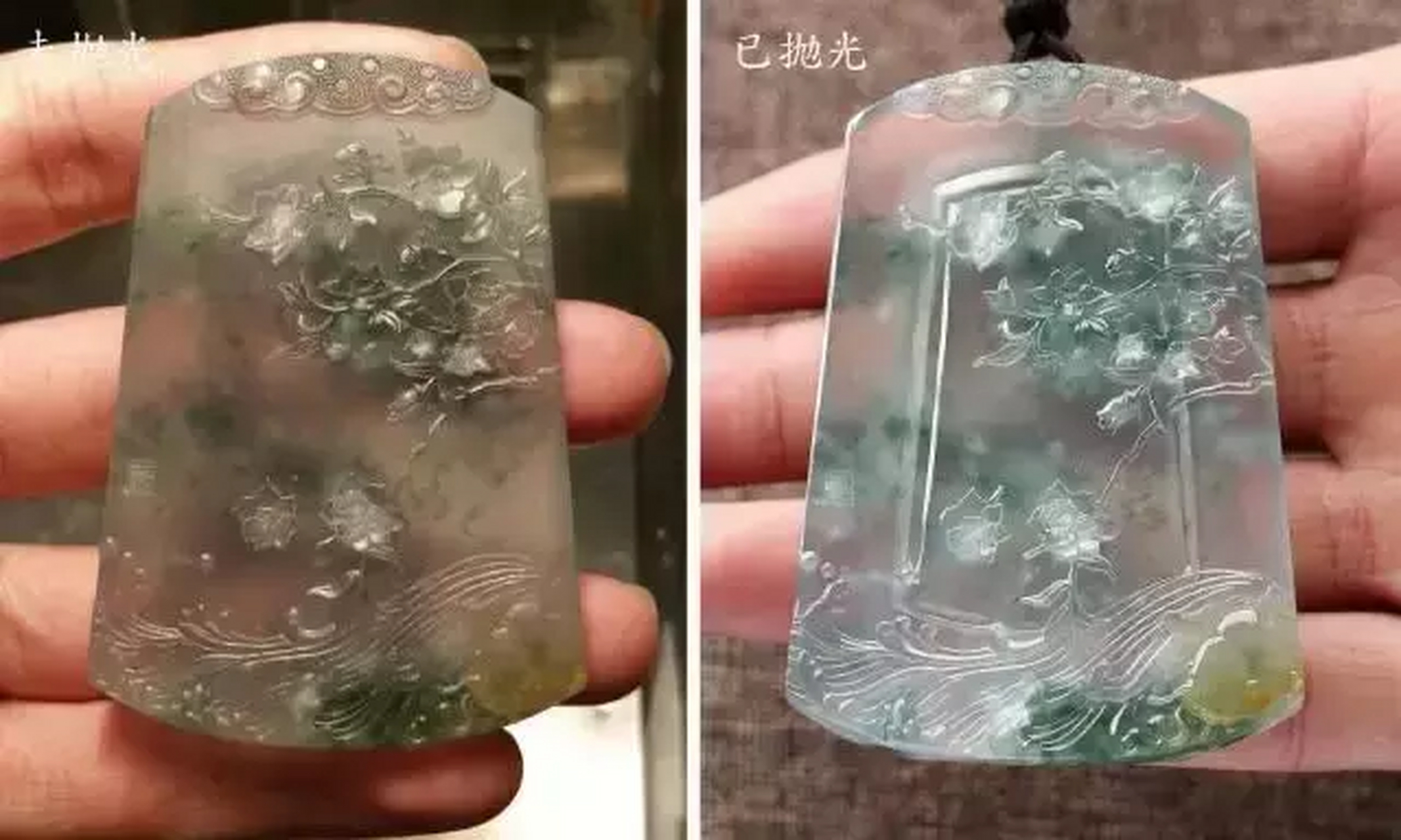 翡翠打磨抛光#翠原石相对于翡翠成品是比较粗糙,暗淡的,而要变成光鲜