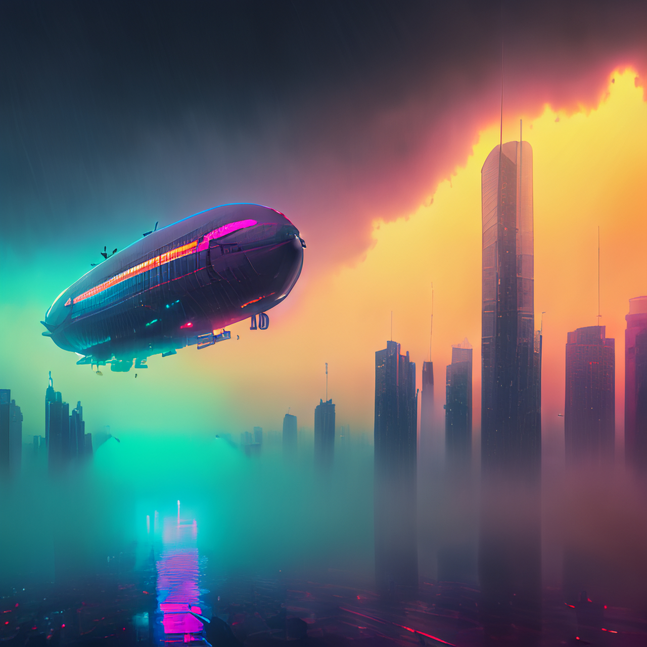 俯瞰赛博朋克城市,飞艇在空中穿梭,五颜六色,雾蒙蒙,雨天,霓虹灯