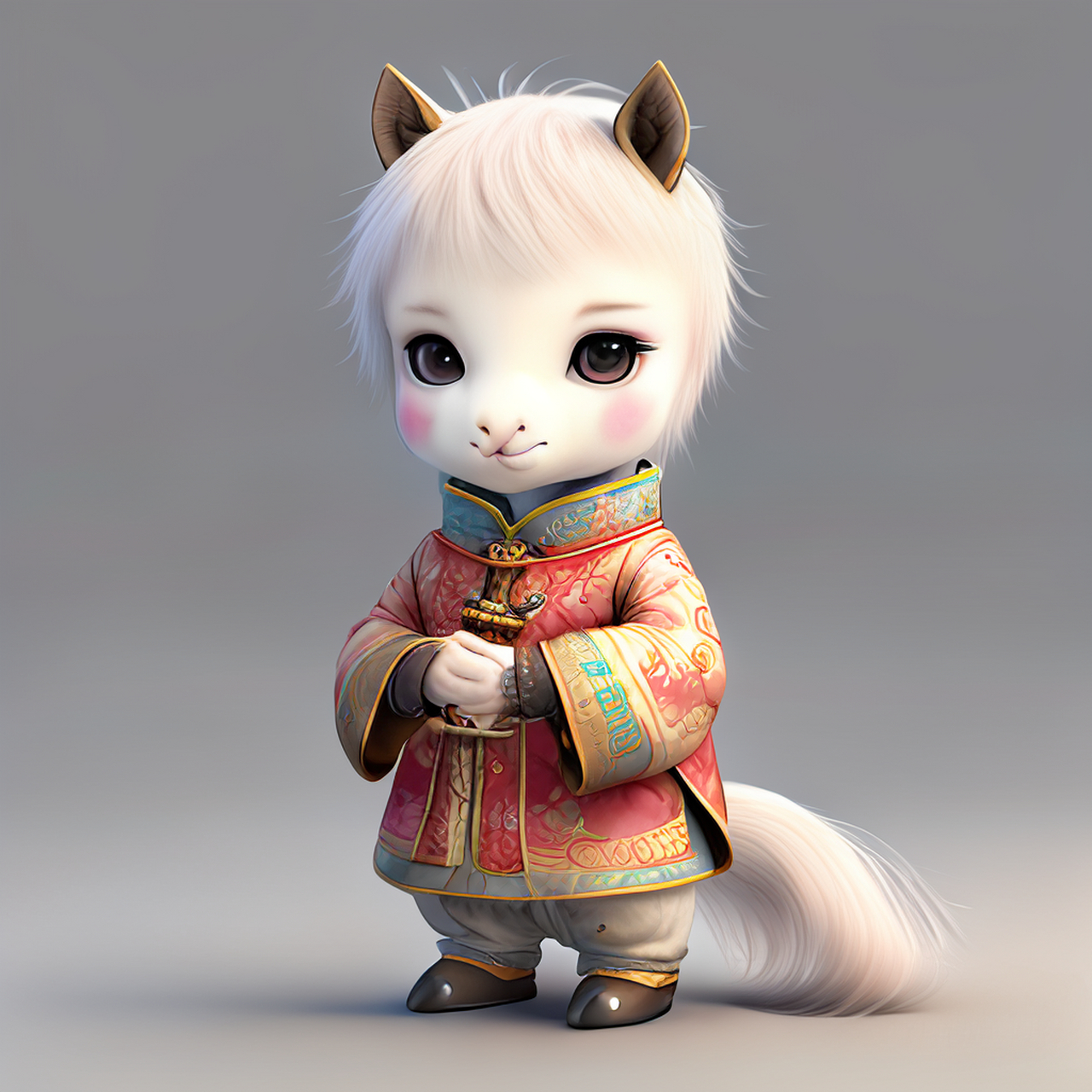 百度ai绘图黑科技#可爱的卡通形象设计,拟人化的年轻马,穿着中国赐吵