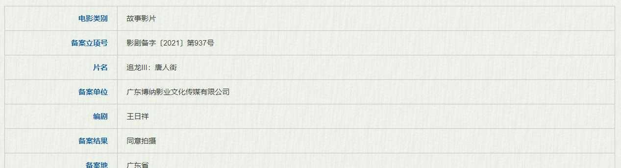 《追龙iii:唐人街》已获准拍摄,编剧由王晶(本名王日祥)担任.