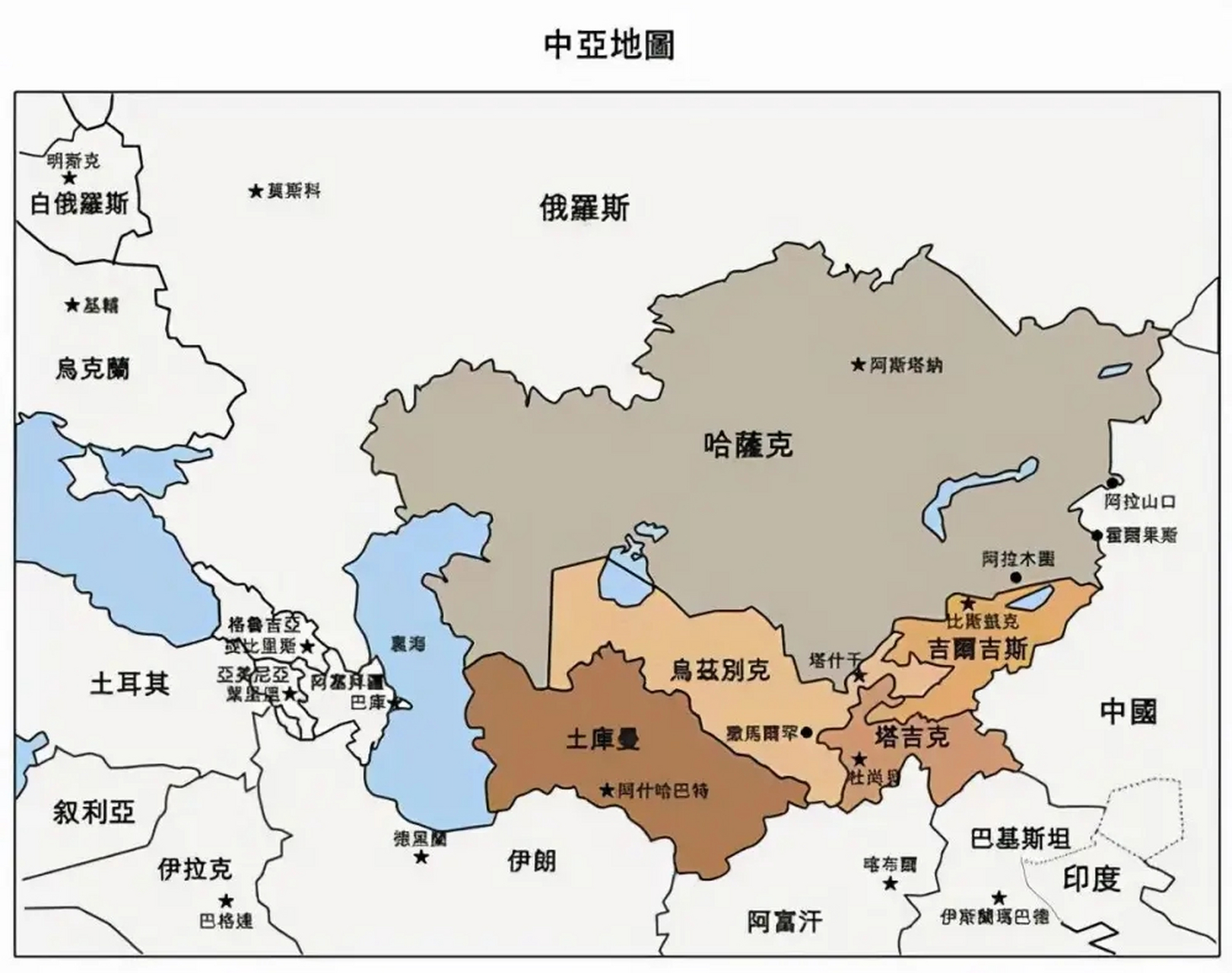 中亚五国:哈萨克斯坦,乌兹别克斯坦,吉尔吉斯斯坦,塔吉克斯坦,土库曼