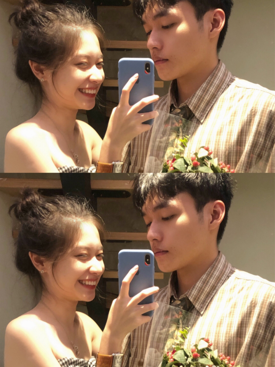 男朋友拍照不爱笑 女朋友是傻笑达人如何拍照  情侣对镜自拍 可以多一