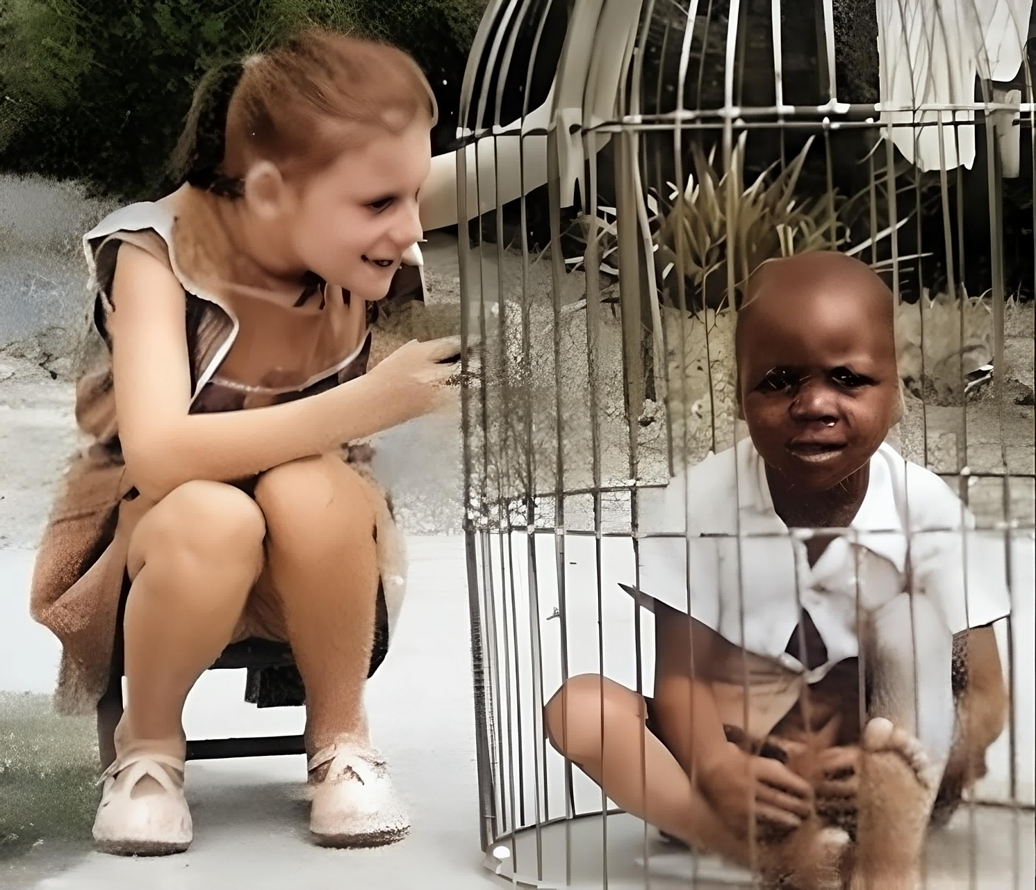 1930年,一个白人小女孩正在戏弄一个被困在铁笼子里的黑人小孩!