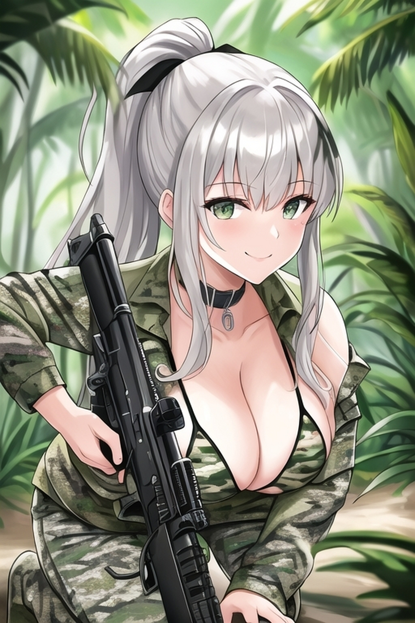 持枪的迷彩服少女 这枪看着不错呐[哟#二次元美女
