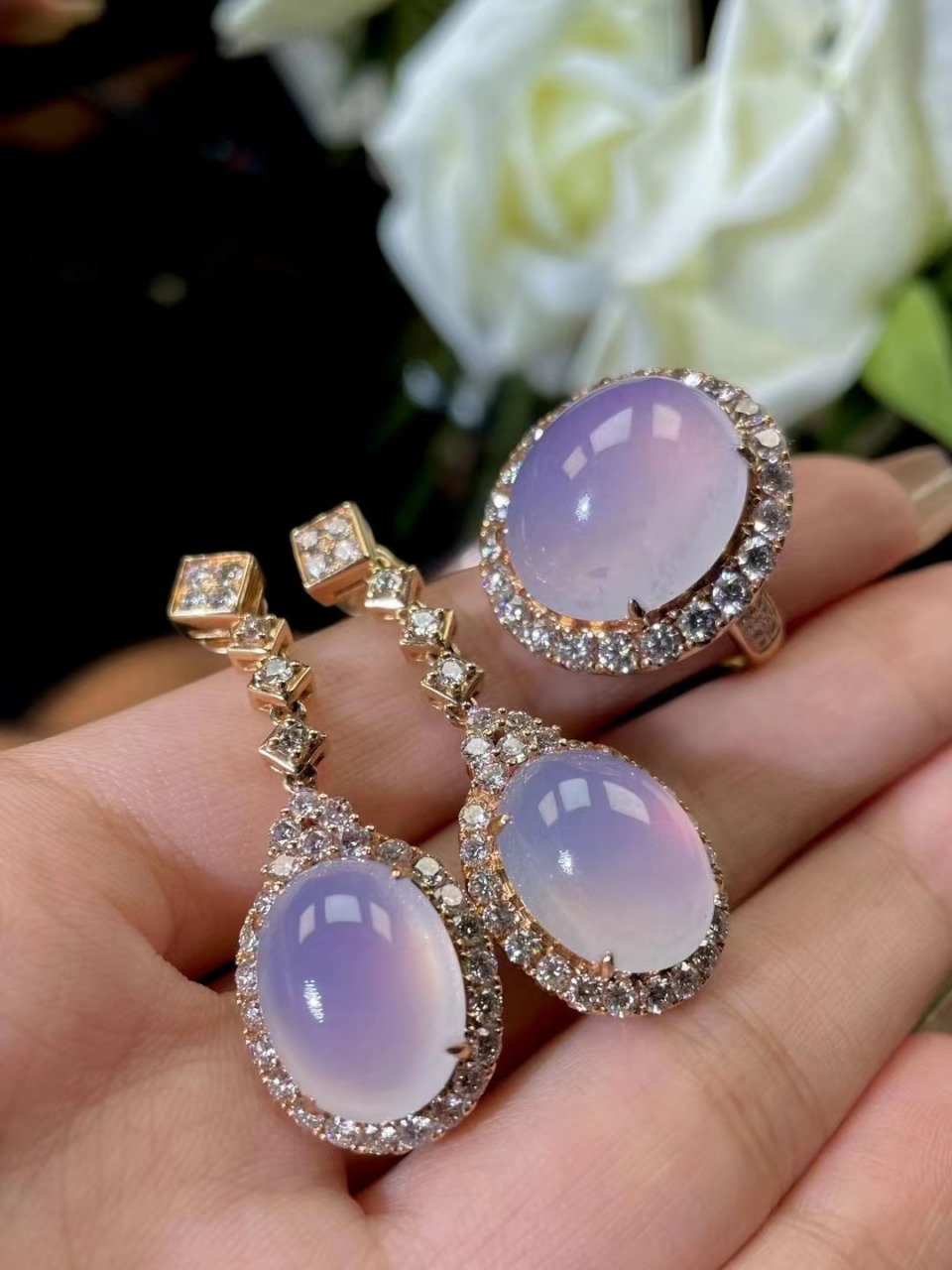 高冰紫蛋面翡翠套装 #翡翠# #天然翡翠# #翡翠珠宝