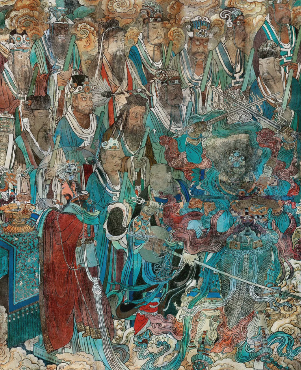 【 永乐宫壁画 】---" 三清殿中的"朝元图"壁画,全长426x9468cm,场面