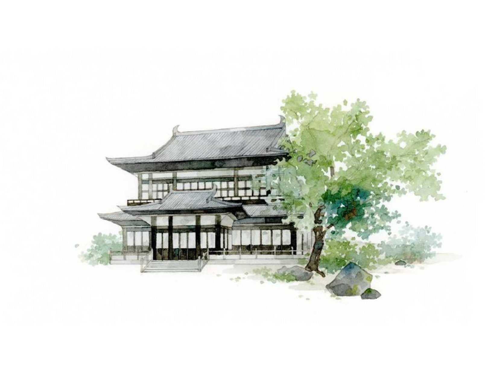 亭台水榭交相印,总是人间好光景. 古风水彩插画,手绘小景系列.