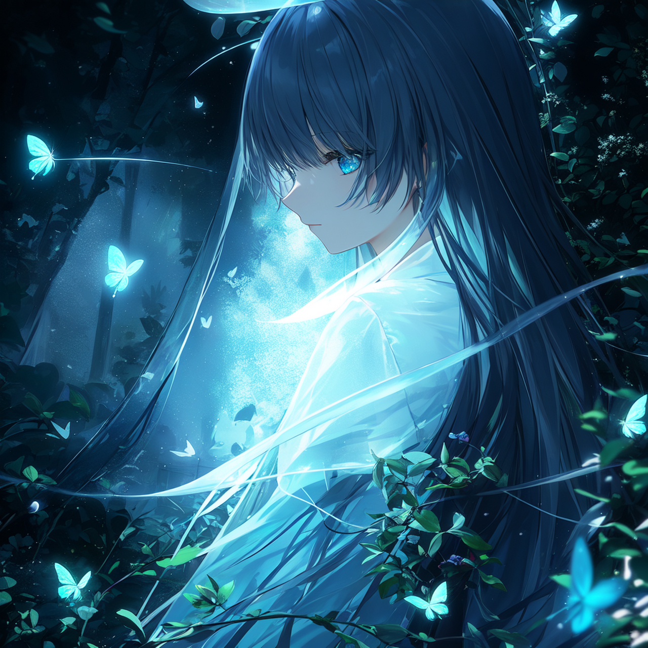 夏日夜晚的蝴蝶少女头像壁纸,意境满满[月亮] #完美夏日##ai艺术季