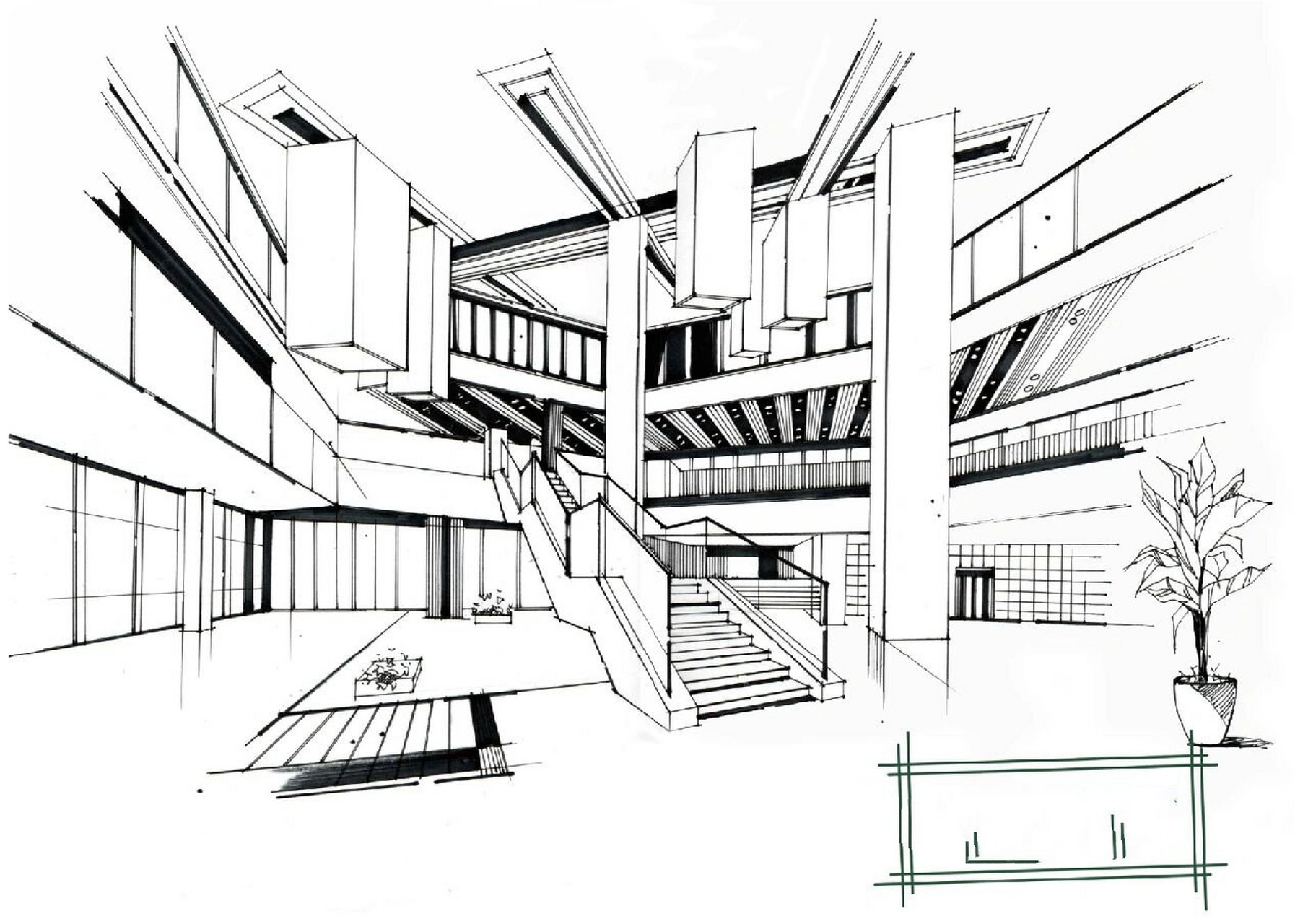 手绘商业空间线稿 马克笔练习	 临摹了一张商业空间,因为空间比较大画