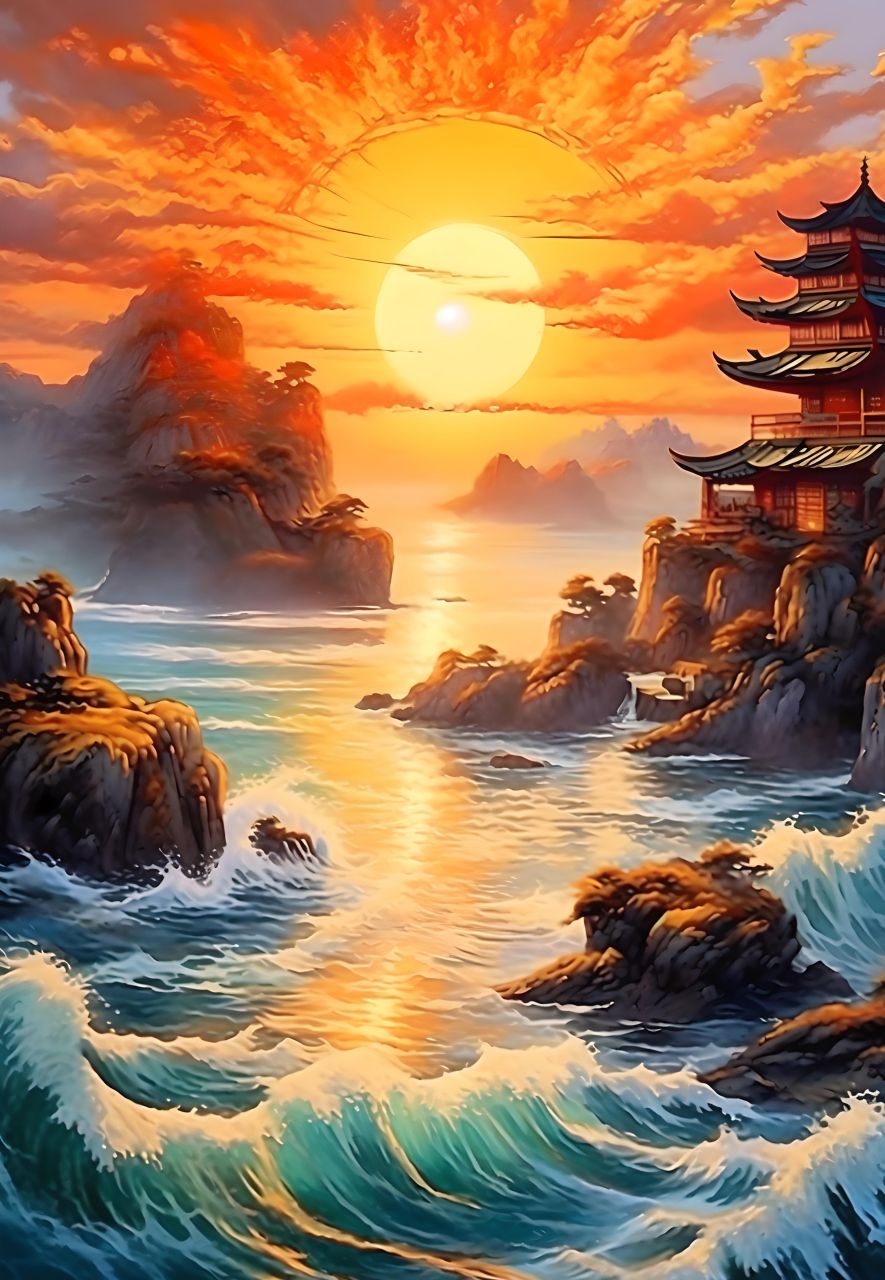 夕阳西下照江波,水面倒映晚霞多,#古风##中国画##图片##中国山水画