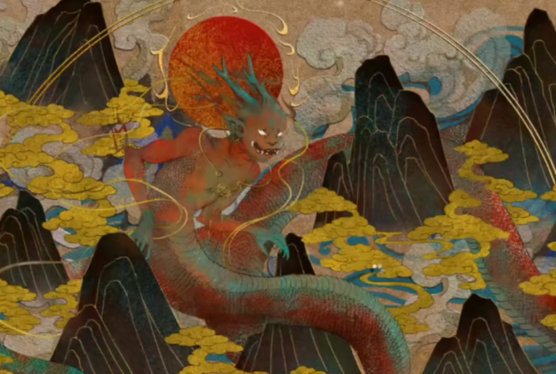 《山海经·大荒北经》:章尾山有神,人面蛇身而赤,直目正乘 其瞑乃晦