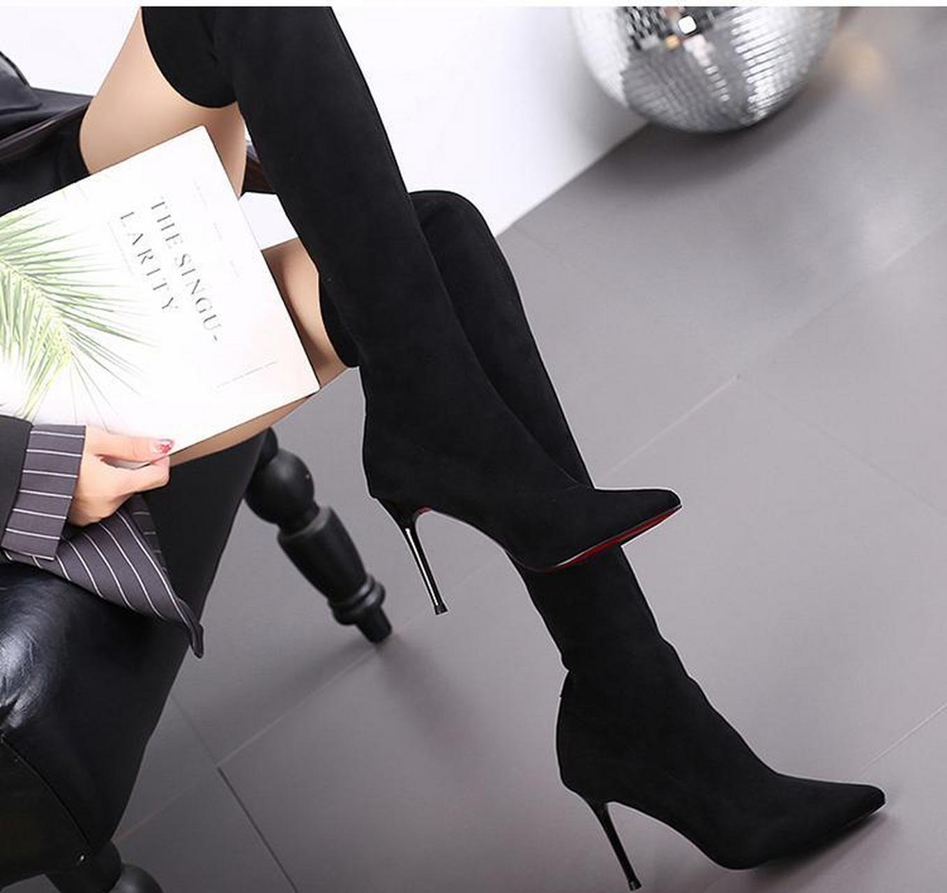 尖头高跟长靴细跟过膝靴女性感弹力布网红百搭高筒靴