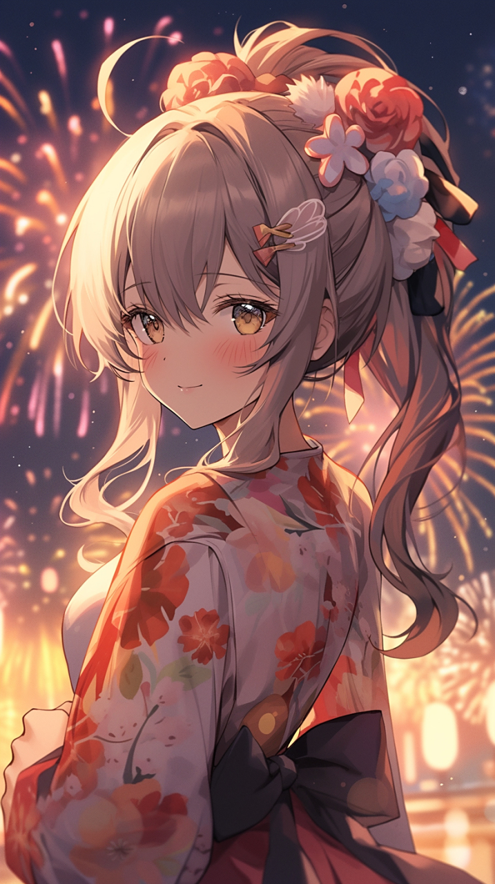 夏日祭典, 少女, 和服, 烟花 #mj# #ai绘画# #壁纸# #动漫壁纸# #手机
